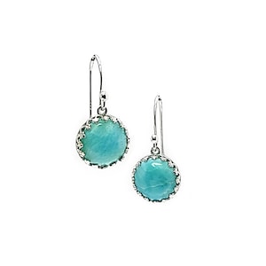 Natural Larimar 10mm Round Cabochon Dangle Earrings .925 Sterling Silver