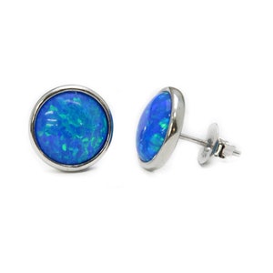 Blue Opal 10mm Bezel Set Stud Earrings .925 Sterling Silver