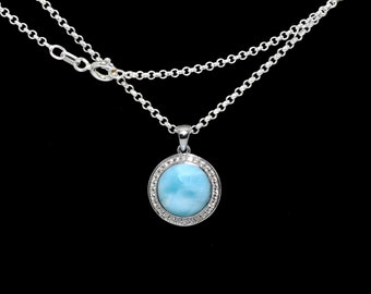 Larimar ketting 10mm rond met witte saffier accent .925 sterling zilver