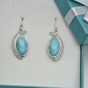 Larimar Natural 15X19mm Marquise Earrings w White Sapphire Accents .925 Sterling Silver