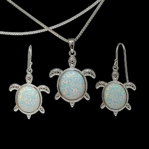 White Opal Sea Turtle Earrings And Necklace Set .925 Sterling Silver