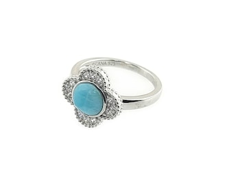 Bague feuille de trèfle en larimar avec accents de saphirs blancs, argent sterling 925