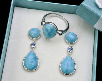 Larimar AAA Premium kwaliteit ring en oorbellen set. .925 sterling zilver