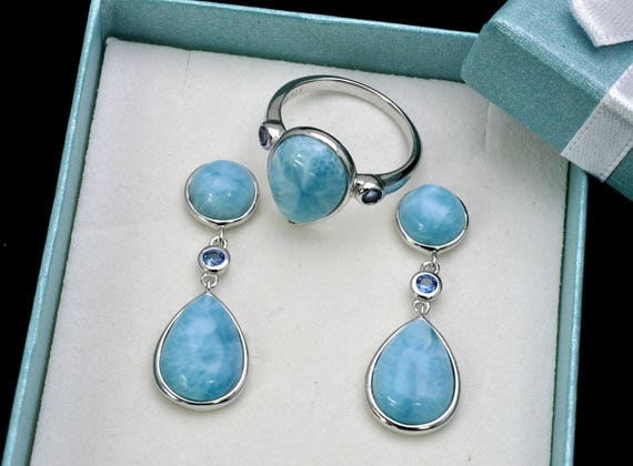 Larimar AAA Premium Quality Ring and Earrings Set. .925 Sterling Silver