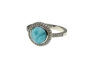 Larimar 8mm With White Sapphire Accents Ring .925 Sterling Silver