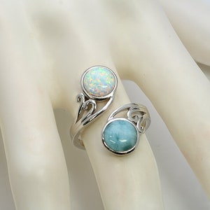 Larimar/White Opal, Two 8mm Round, Adjustable Ring 6-9  .925 Sterling Silver