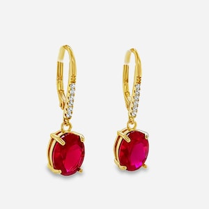 Ruby Leverback Dangling  Earrings 14KT Gold Over .925 Sterling Silver