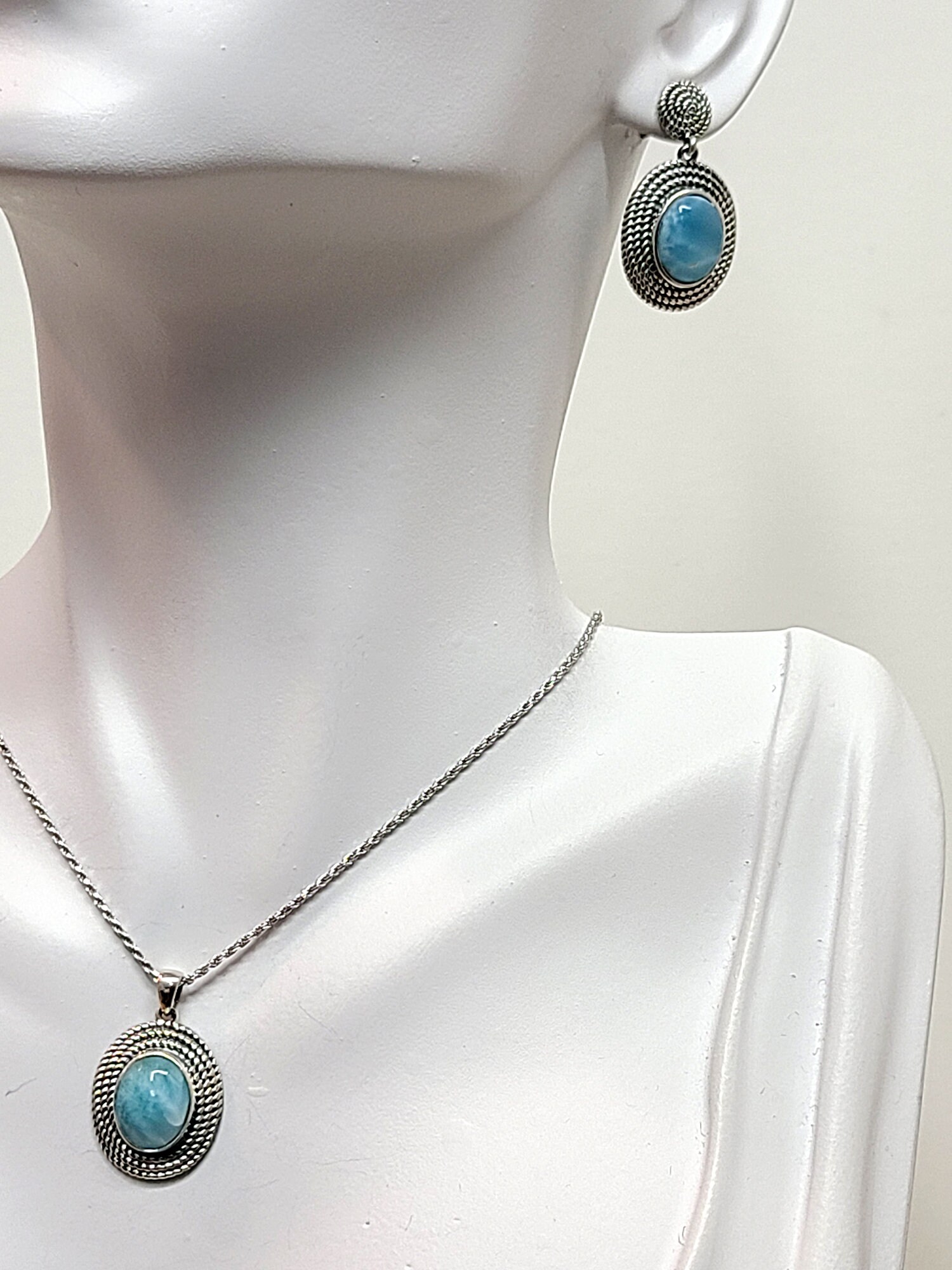 Larimar Earrings Necklace And Bracelet Set 10X12 Oval .925