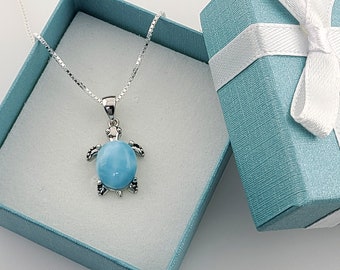 Larimar 8X10mm Punta Cana Sea Turtle Necklace  .925 Sterling Silver