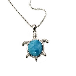 Larimar 12X10mm Sea Turtle Necklace (AAA Blue Larimar) Sterling Silver