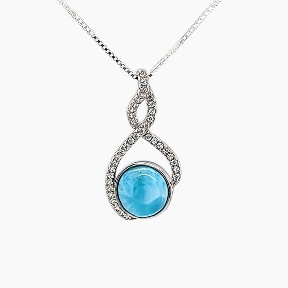Atemberaubende Larimar 10 Mm Halskette Mit Weißen Saphir Akzenten 0,925