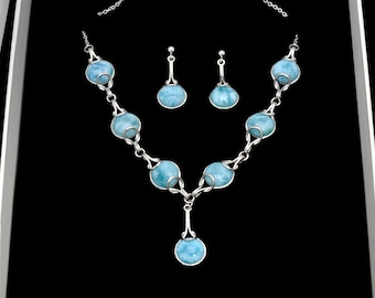 Larimar Premium Kwaliteit Stenen Ketting Oorbellen Set.925 Sterling Zilver