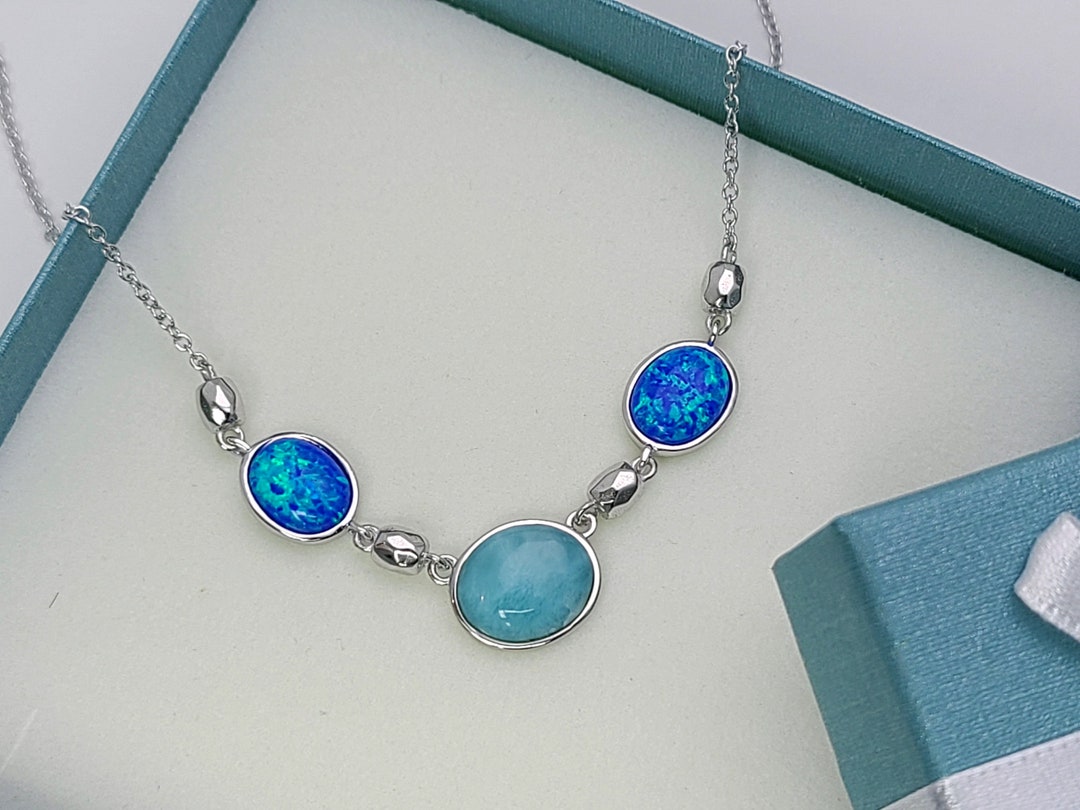 Larimar x Opal Necklace ⑵ Larimar, White or Blue Opal Necklace 925 Sterling Silver - Etsy