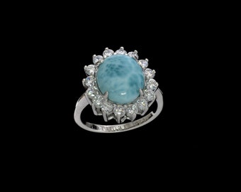 Larimar Classic Ring 10X12 Oval White Sapphire Accents .925 Sterling Silver Size 7 1/2