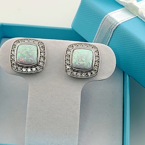 Opal 8mm With White Sapphire Accents Stud Earrings .925 Sterling Silver