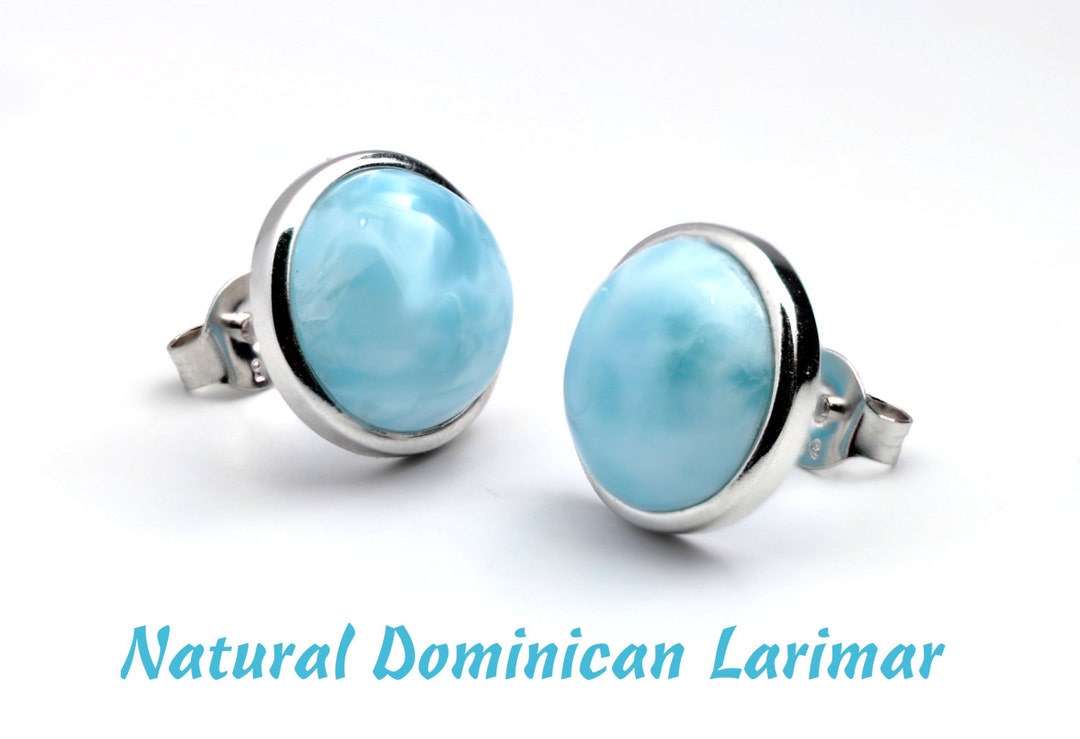 ラリマー10mm Larimar Natural 10mm Stud Earrings .925 Sterling Silver Bezel Set