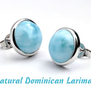 Larimar Natural 10mm Stud Earrings .925 Sterling Silver Bezel Set Cabochon