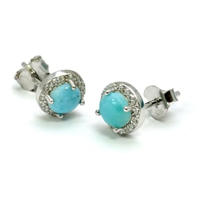 LARIMAR 5mm Genuine With White Sapphire Accents Stud Earrings .925 Sterling Silver (New Style)