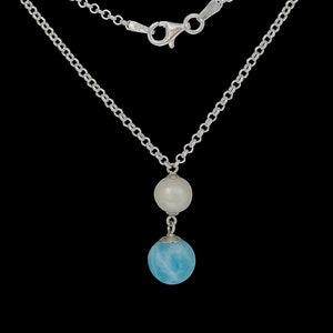 LARIMAR 10mm AAA Spheres And Freshwater Pearl Necklace .925 Sterling Silver