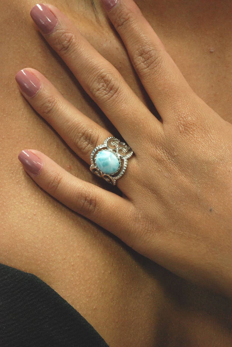 High Polished .925 Sterling Silver Larimar Stunning 12X10 Corona Ring
