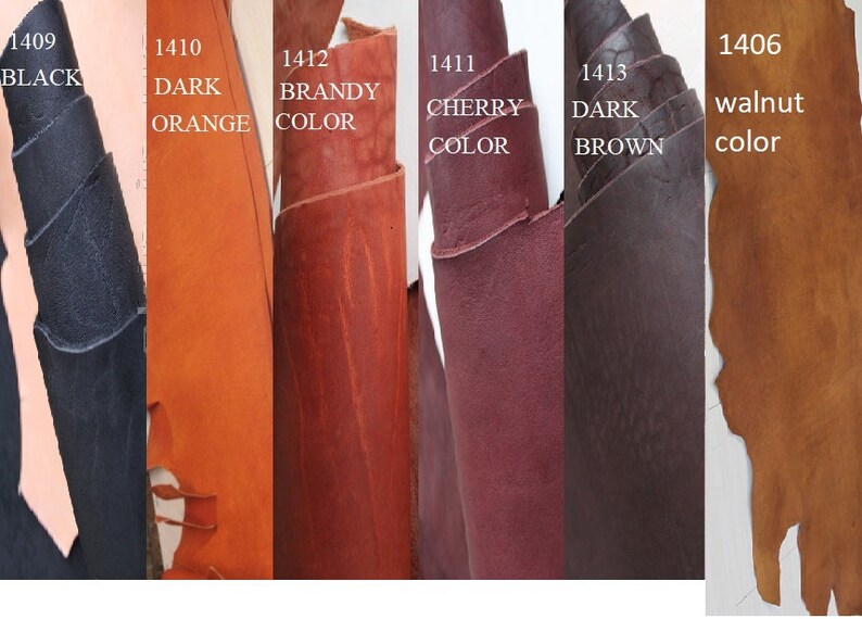 Peut inclure: &Eacute;chantillons de cuir de diff&eacute;rentes couleurs. Les couleurs incluent le noir, l'orange fonc&eacute;, la couleur brandy, la couleur cerise, le marron fonc&eacute; et la couleur noix. Chaque &eacute;chantillon a un num&eacute;ro et une &eacute;tiquette de nom de couleur.