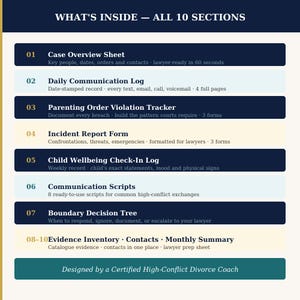Listing image showing all 10 sections of the High-Conflict Divorce Evidence Binder in alternating navy and teal rows: Case Overview, Communication Log, Violation Tracker, Incident Reports, Child Wellbeing Log, Scripts, Decision Tree, Evidence Inventory, Contacts, and Monthly Summary. Navy and teal branding with gold section numbers.