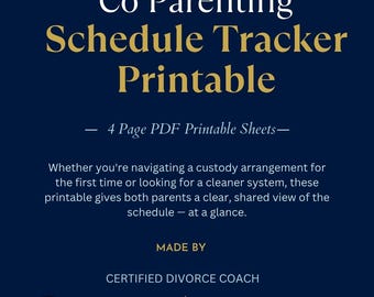 May include: A dark blue digital download featuring the text Co Parenting Schedule Tracker Printable and 4 Page PDF Printable Sheets. It includes descriptive text about custody arrangements, the creator Conflict Clarity Co, and a website link.