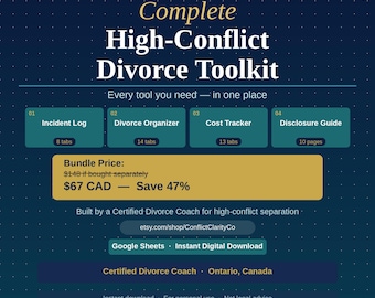 May include: A digital toolkit titled Complete High-Conflict Divorce Toolkit by Conflict Clarity Co. The dark blue graphic features four sections: Incident Log, Divorce Organizer, Cost Tracker, and Disclosure Guide, with Google Sheets and instant download text.