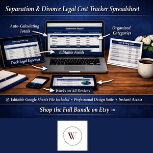 May include: A digital spreadsheet for tracking legal costs related to separation and divorce, displayed on a laptop, tablet, and smartphone. The image includes the text "Separation & Divorce Legal Cost Tracker Spreadsheet" and "Shop the Full Bundle on Etsy".