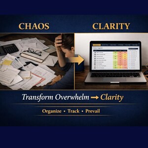 Before and after comparison showing chaotic paperwork versus organized laptop view of Divorce Organizer Spreadsheet, illustrating transformation from overwhelm to clarity