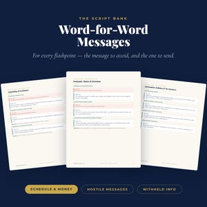 Preview of the script bank: word-for-word co-parenting messages showing the reactive version to avoid beside the one to send.