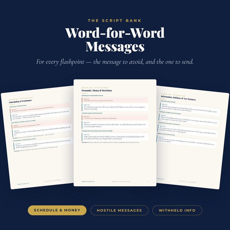 Preview of the script bank: word-for-word co-parenting messages showing the reactive version to avoid beside the one to send.