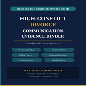 Navy printable binder cover reading "High-Conflict Divorce Communication Evidence Binder — Designed by a Certified Divorce Coach." Features gold and teal branding, lists 6 included sections, and shows "29 Pages · PDF + Google Sheets."