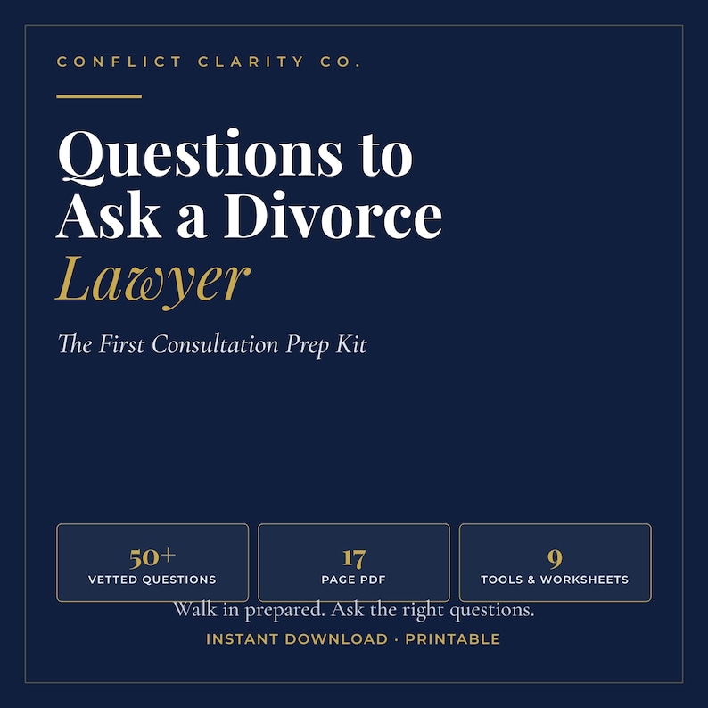 Navy and gold Etsy cover reading Questions to Ask a Divorce Lawyer First Consultation Prep Kit with badges for 50+ questions, 17-page PDF, and 9 tools.
