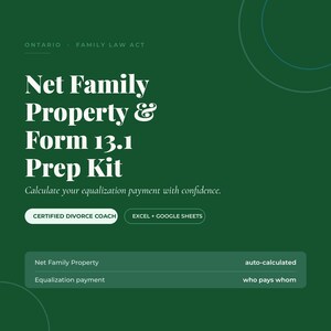 Ontario Net Family Property and Form 13.1 divorce prep kit cover, dark green, with equalization payment calculator