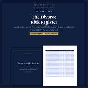 May include: A dark blue digital product display titled The Divorce Risk Register by Conflict Clarity Co. It includes a 55-page workbook and Excel calculators. The visual shows a cover page and a light blue spreadsheet grid for tracking legal risks.