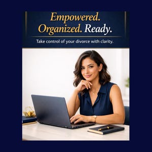Confident woman of ambiguous ethnicity working on laptop with navy and gold overlay text reading ‘Empowered. Organized. Ready.’ promoting clarity and control during divorce