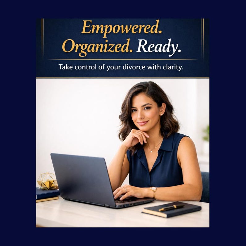Confident woman of ambiguous ethnicity working on laptop with navy and gold overlay text reading ‘Empowered. Organized. Ready.’ promoting clarity and control during divorce