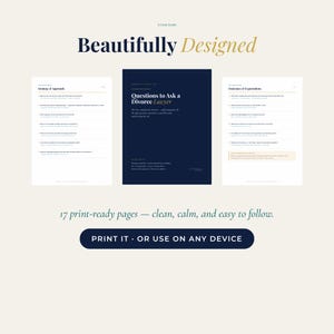A look inside the 17-page printable divorce consultation kit, showing the cover and two interior worksheet pages in navy, teal, and gold.