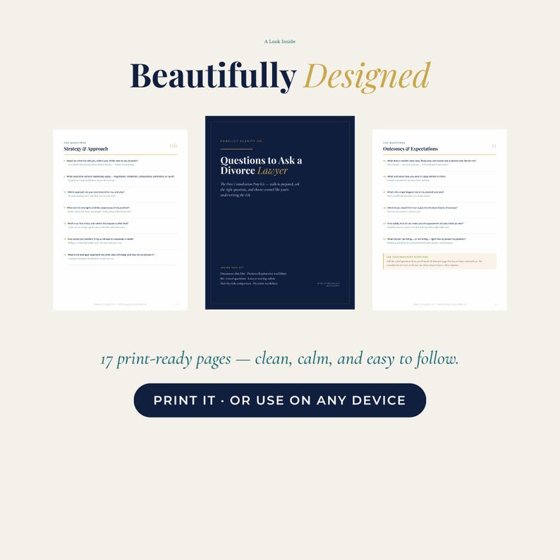 A look inside the 17-page printable divorce consultation kit, showing the cover and two interior worksheet pages in navy, teal, and gold.
