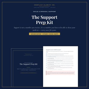 May include: A digital document set titled The Support Prep Kit by Conflict Clarity Co. for child and spousal support. The dark blue cover features white text, while the white interior page lists documents to request with checkboxes and legal text.