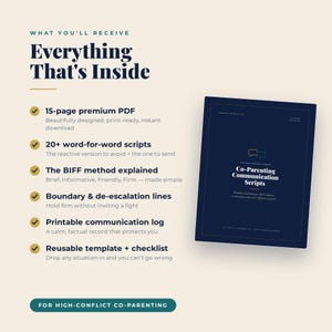 What's included: 15-page PDF, 20+ word-for-word scripts, BIFF method, boundary lines, printable communication log, and template.