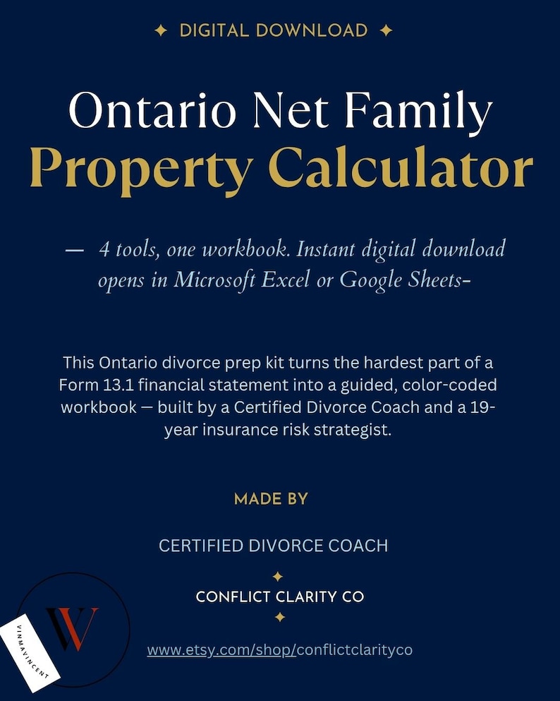 Ontario Net Family Property and Form 13.1 divorce prep kit cover, dark blue, with equalization payment calculator.