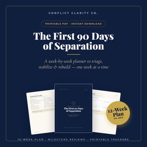 Op de afbeelding: Een printbare PDF-planner getiteld The First 90 Days of Separation, met een 12-weken plan, mijlpaaloverzichten en printbare trackers. De donkerblauwe omslag toont de tekst Conflict Clarity Co. en een gouden cirkel met 12-Week Plan Do-Able.