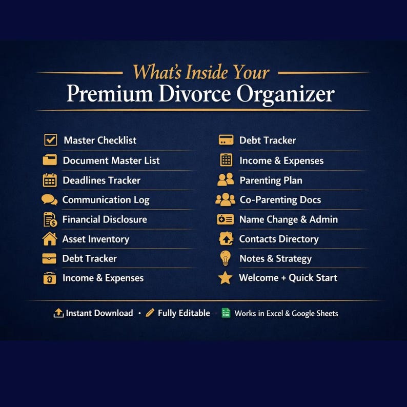 Overview of Premium Divorce Organizer Spreadsheet showing 14 essential tabs with gold icons on navy background, including Master Checklist, Finances, Parenting Plan, and Notes.