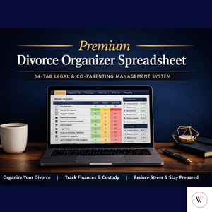 May include: A laptop displaying a Premium Divorce Organizer Spreadsheet with a 14-tab legal and co-parenting management system. The screen shows a master checklist with columns for status, deadlines, and finances in green, yellow, and red.