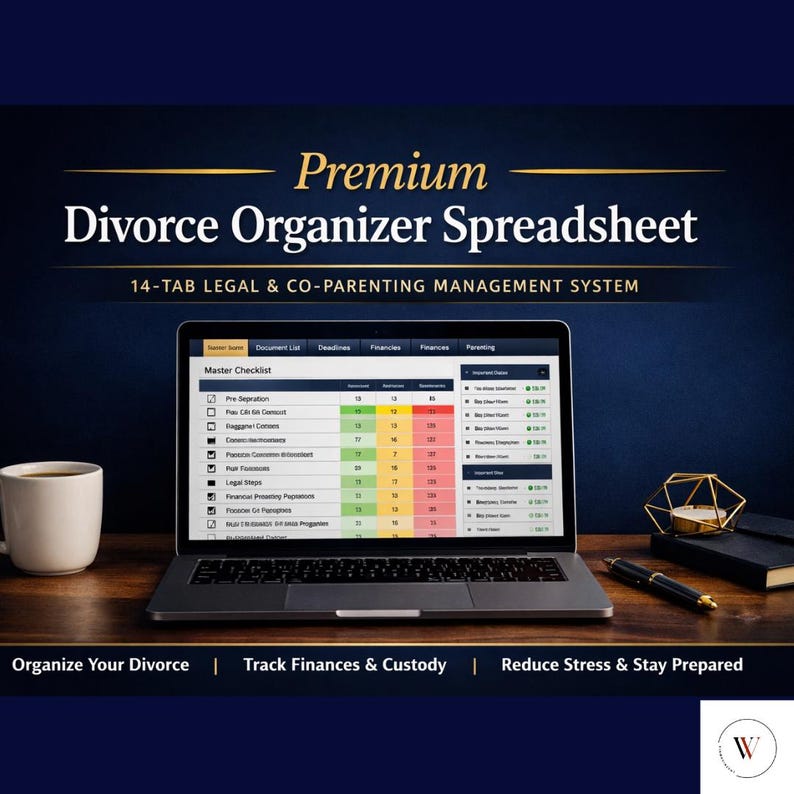 Premium Divorce Organizer Spreadsheet shown on laptop, tablet, and phone with navy and gold branding, highlighting editable tabs and instant download features