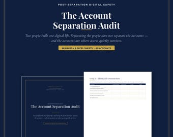 May include: A digital safety guide titled The Account Separation Audit by Conflict Clarity Co. The document features 66 pages, 9 Excel sheets, and covers 60 accounts. It includes a page titled Group A - Identity and communications with a table.