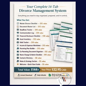 Laptop mockup displaying Divorce Organizer Spreadsheet with gold icons and pricing details showing total value $144+ and sale price $32.95 CAD on navy background.