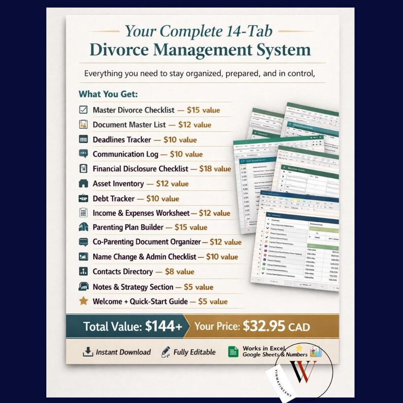 Laptop mockup displaying Divorce Organizer Spreadsheet with gold icons and pricing details showing total value $144+ and sale price $32.95 CAD on navy background.